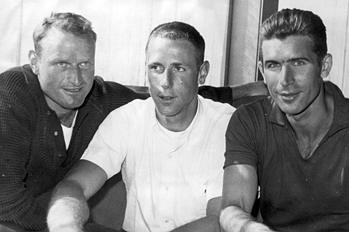 
                    From left to right, rowers Gopf Kottman of Switzerland, Don Spero and Vyacheslav Ivanov.  The 1964 World Championship Rowing results: 

1. Ivanov, USSR 
2. Groen, Holland 
3. Spero, USA 
4. Kottman, Switzerland  

Kottman was a much admired Swiss champion who won an Olympic bronze medal in Tokyo. He was also the Swiss equivalent of a Navy Seal and drowned in a 1965 accident while training for covert maneuvers.
                                            (Courtesy Don Spero)
                                        