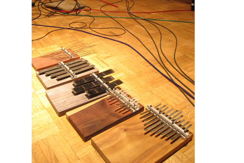 
                    Handmade Kalimbas: Some of the handmade kalimbas NOMO takes on the road.  For this tour, they built 20 extra kalimbas to sell at their shows.
                                            (Angela Kim)
                                        