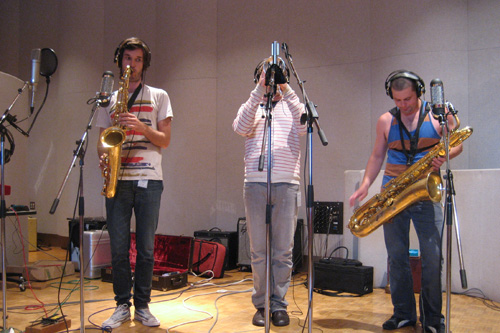 
                    Horn Section: The NOMO horn section: Elliot Bergman (tenor sax), Justin Walter (trumpet) and Dan Bennett (baritone sax).
                                            (Marc Sanchez)
                                        