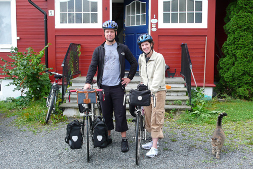 
                    My husband Leif and I prepare to leave Oslo for the big ride.
                                            (Oyvind Handeland)
                                        