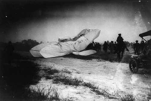 
                    The Wright Brothers' plane sits in a heap just after the crash.
                                            (Library of Congress)
                                        