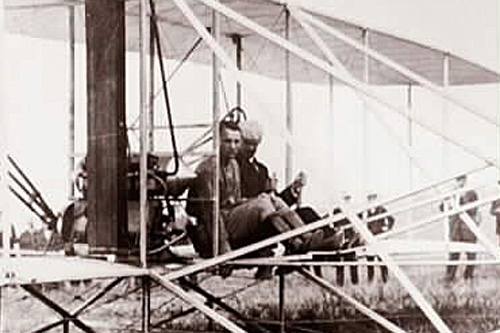 
                    Thomas E. Selfridge (left) and Orville Wright (right) pose for a photo just before take-off.
                                            (Library of Congress)
                                        