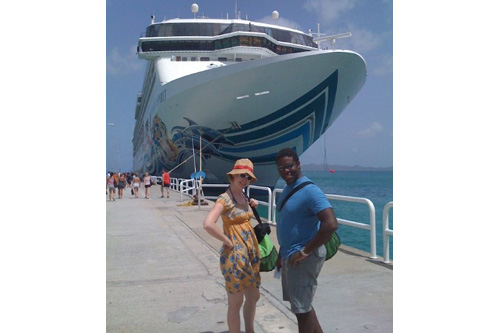 
                    Megan Kellie by the cruise ship with Sam Richardson, a co-cast member.
                                            (Courtesy of Megan Kellie)
                                        