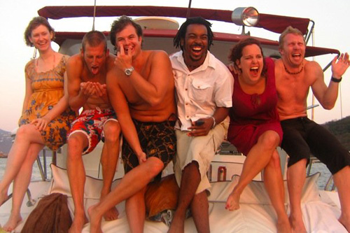 
                    Kellie, on left, and her "Second City" cast on a day trip in a little boat away from the big boat.
                                            (Courtesy Megan Kellie)
                                        
