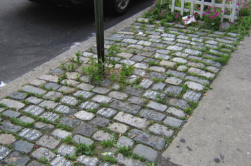 
                    Weeds grow between the cobblestones of Yong Lee's memorial.
                                            (Jonathan Menjivar)
                                        