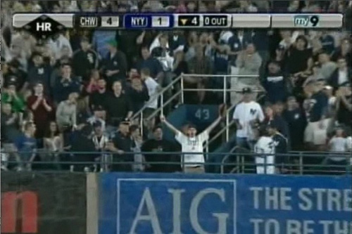
                    Zack freaks out again, this time after he catches Jason Giambi's home run at Yankee Stadium.
                                            (Courtesy Zack Hample)
                                        