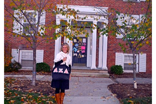 
                    Caitlyn Lanseer stands in front of her sorority house at Bowling Green State University. She was at the high school when her former boyfriend, Derek, committed suicide in 2004. She also survived three more suicides at the school before she graduated. She's now a sophomore studying fashion merchandizing.
                                            (Desiree Cooper)
                                        