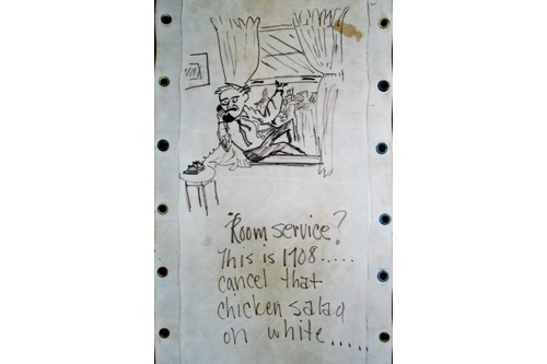 
                    Humor regularly appears in the graffiti on the bunk canvases. The man drawn here cancels a room service order before taking a leap, likely a reference to either the military draft or the ship nearing arrival to Vietnam.
                                            (Courtesy Lee Beltrone)
                                        