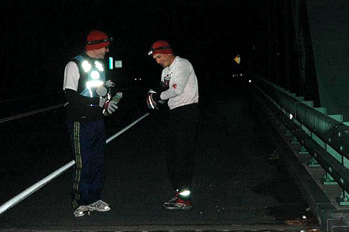 
                    It's 6 am in Chesterfield, N.H. as John Lacroix and Nate Sanel begin their 124 mile run across the state.
                                            (Sarah Chretien)
                                        