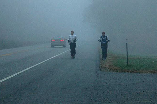 
                    For the first few hours of their run, they're surrounded by a cool wet fog.
                                            (Sarah Chretien)
                                        