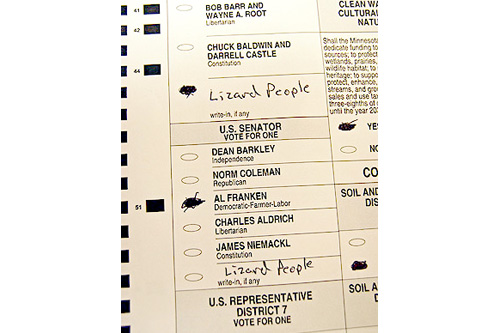 
                    A disputed "Lizard People" write-in selection on a ballot in Minnesota.
                                            (MPR Photo/Tom Robertson)
                                        