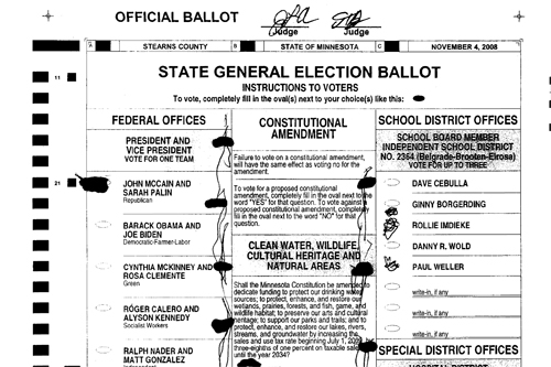 
                    This ballot's odd "jellyfish" ink blotting caused it to be challenged by the Franken campaign due to "distinguishing marks."
                                            (Minnesota Secretary of State's Office/MPR)
                                        