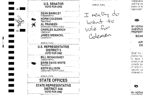 
                    Both Minnesota senate campaigns challenged this confusing ballot - the Coleman camp claims the voter's intent is obvious, but the Franken campaign says the intent remains unclear.
                                            (Minnesota Secretary of State's Office/MPR)
                                        
