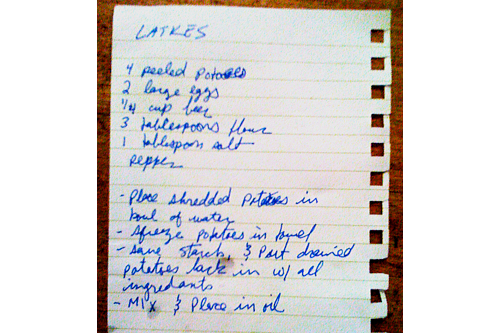 
                    Sora's handwritten recipe for latkes - adapted from Martha Stewart.
                                            (Eric Molinsky)
                                        
