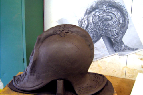 
                    An unfinished sculpture of an Italian renaissance war helmet.
                                            (Ben Adair)
                                        
