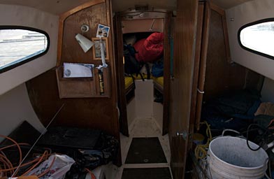 
                    A view of Buttercup's cramped but cozy cabin.  By the time he leaves, BJ will pack his belongings, including a bicycle, into this tiny space.
                                            (Amanda Kowalski)
                                        