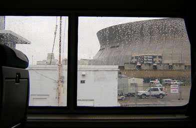 
                    The Superdome looms in the background of the train station in New Orleans.
                                            (Jenni Lawson)
                                        