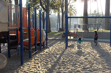 
                    Bill Radke spoke with Ruth Beaglehole on a bench next to this playground in Echo Park.
                                            (Tinku Ray)
                                        