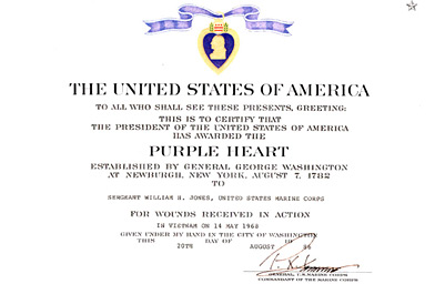 
                    The certificate for the Purple Heart Bill received 18 years after he was wounded.
                                            (William Jones)
                                        