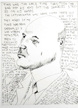 
                    "This was the Only Time They Took the Bag Off" (2006) print by Daniel Heyman. The man depicted in this print is Jasim Fadel Hamid, a former detainee who was killed a week after taking part in the interviews in Amman, Jordan.
                                            (Daniel Heyman)
                                        