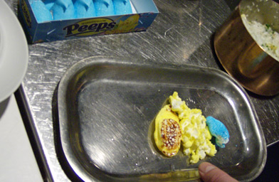 
                    Hand shredded peeps, part of chef Jason WIlson's preparation for peep cuisine.
                                            (John Moe)
                                        