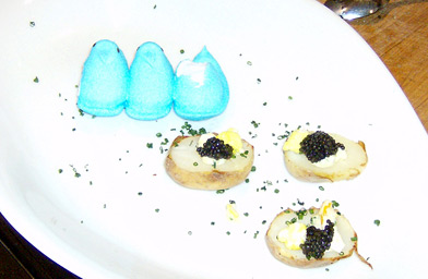 
                    Yukon potatoes, paddlefish caviar, egg salad, torn piece of yellow peep.
                                            (John Moe)
                                        