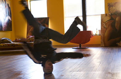 
                    Paco Rosic breakdances in his studio.  Rosic found breakdancing and graffiti when he moved from Sarajevo to Germany.
                                            (Sarah Mercier)
                                        