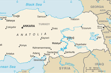 
                    A map of current political boundaries between Turkey and Armenia.
                                            (U.S. Central Intelligence Agency)
                                        