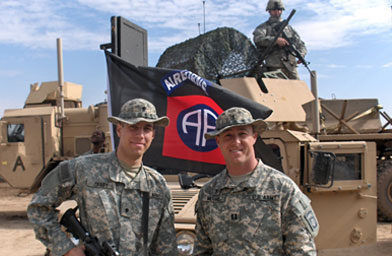 
                    Pfc. Preston Crary (left) and Captain (Chaplain) Brandon Moore. Crary works as a chaplain's assistant to Moore. They instigated the idea to get a frozen drink machine to Iraq.
                                            (Sharon Crary)
                                        