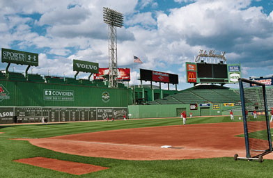
                    The Red Sox are at batting practice at Fenway Park. The Green Monster looms at left.
                                            (Gideon D'Arcangelo)
                                        