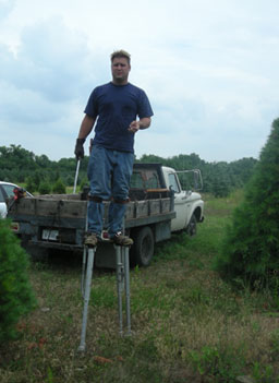 
                    Nattrass walking on stilts at the Prairie Pine Plantation in Southeast Nebraska.
                                            (Martin Wells)
                                        