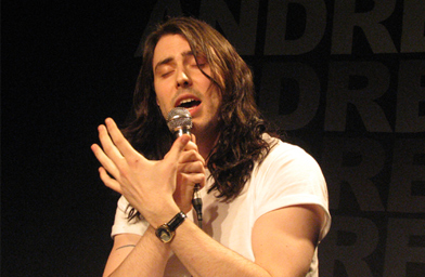 
                    Andrew WK lectures his guests at the People's Improv Theater in New York.
                                            (Amber Santos)
                                        