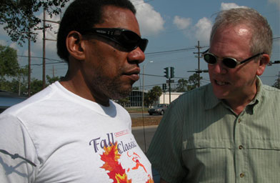 
                    Henry Butler and Nick Spitzer outside of what's left of Henry's house.
                                            (Kate Ellis)
                                        