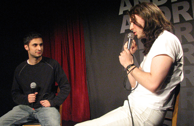 
                    Andrew WK speaks with avid fan Jaime Dejesus on stage.
                                            (Amber Santos)
                                        