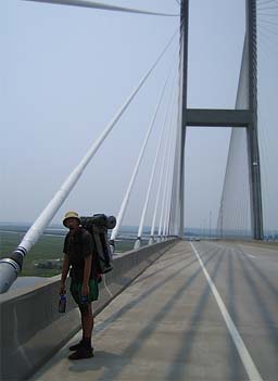 
                    Deuel on the Sidney Lanier Bridge just south of Brunswich, Ga. It's noon, and it's already 90 degrees.
                                            (Kelly McEvers)
                                        