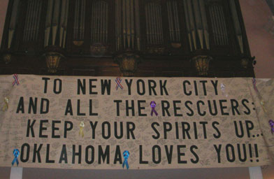 
                    A banner hangs from the balcony of St. Paul's Chapel.
                                            (Ann Heppermann)
                                        