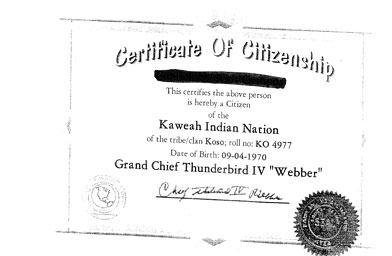 
                    A Kaweah Indian Nation "Certificate of Citizenship."
                                            (Corinna Scheurich)
                                        