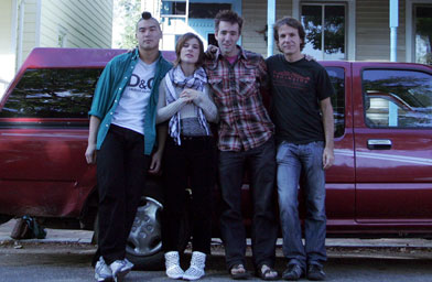 
                    Members of the Icarus Project prepare to hit the road: From left, Neil Gong, Bonfire Madigan Shive, Sascha Dubrul, Will Hall.
                                            (Pearl Gabel)
                                        