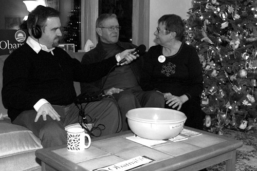 
                    Kyle Gassiott interviews Jim and Gracia Willis (left to right) about the democratic caucus they will hold in their Rockwell City, Iowa home on January 3, 2008.
                                            (Sarah Mercier)
                                        