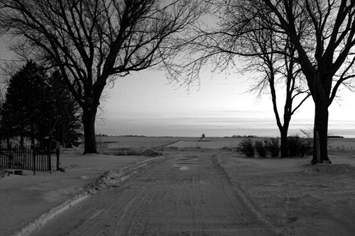 
                    The driveway of Jim and Gracia Willis' Rockwell City, Iowa home on December 13, 2007.  An Iowa precinct 4 democratic caucus will be held in their living room on January 3, 2008.  Their home has a wheelchair accessible ramp, which may help some caucusing citizens in this rural area.
                                            (Sarah Mercier)
                                        