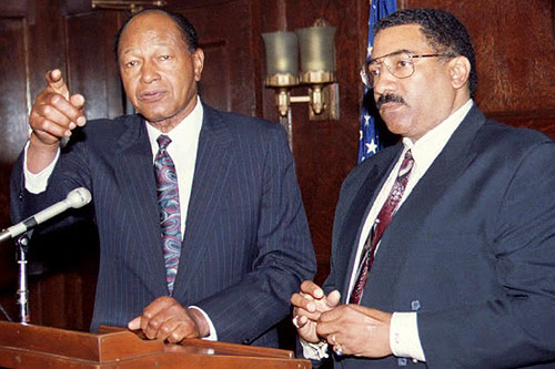
                    The Bradley Effect is named for former Los Angeles Mayor Tom Bradley (shown here on the left in 1993 with the city's then police chief Willie Williams), whose 1982 bid to be California's governor seemed a sure winner in the polls. Yet, after the ballots were tallied, Bradley lost to white Republican George Deukmejian. Research later showed that many voters claiming to be Bradley supporters and/or undecided voted for Deukmejian, possibly keeping their decision to vote for Deukmajian private for fear of appearing racist.
                                            (MIKE NELSON / Getty Images)
                                        