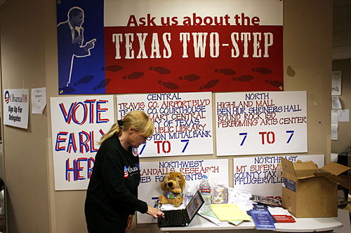 
                    A volunteer at the Austin, Texas, offices of Sen. Barack Obama. The Illinois Democrat lost to rival Sen. Hillary Clinton on Tuesday, but the race to decide the Democratic nominee for president is far from over.
                                            (Ben Sklar/Getty Images)
                                        
