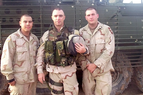 
                    A Stryker crew poses in clean uniforms before a clean vehicle in Kuwait a few miles from the Iraqi border, minutes before entering Iraq for the first time. From left to right is Pfc. Adrian Rodriguez (driver), Capt. Dylan Tete (executive officer), and Sgt. Robert Williams (vehicle commander/gunner).
                                            (Courtesy Dylan Tete)
                                        