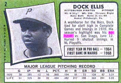 
                    Former Pittsburgh Pirates pitcher Dock Ellis' stat card with his 1970 no-hitter highlighted.
                                            (The Baseball Reliquary)
                                        
