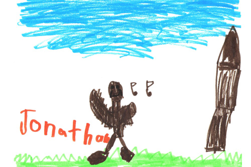 
                    Jonathan drew a spring picture depicting a large bird singing in front of what appears to be either a grain silo or a missile.
                                            (Courtesy Grandville Christian School)
                                        