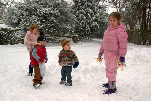 
                    Erika, Declan, Aaron, and Hilary on a snow day.
                                            (Keri Fisher)
                                        