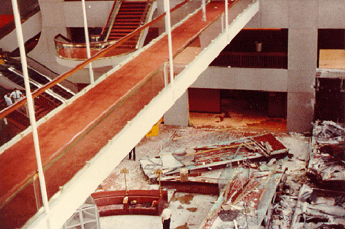 
                    View of the lobby floor during the first day of the investigation into the 1981 Hyatt Regency walkway collapse in Kansas City that claimed four of Mariachi Estrella's members.
                                            (Lee L. Lowery, Jr.)
                                        