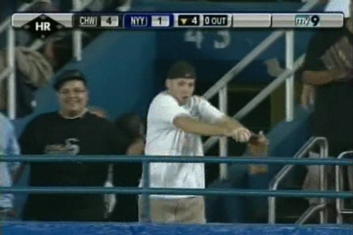 
                    Hample does the "cabbage patch" after catching Jason Giambi's home run.
                                            (Courtesy Zack Hample)
                                        