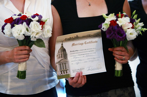 
                    Same-sex couple Shani Lyons (L) and Melanie Franklin (R) hold their marriage certificate after their wedding ceremony at City Hall in San Francisco, Calif. Same-sex couples are rushing to get married before the November election in fear that  Proposition 8 will pass and gay marriages will once again be illegal in California.
                                            (Justin Sullivan/Getty Images)
                                        