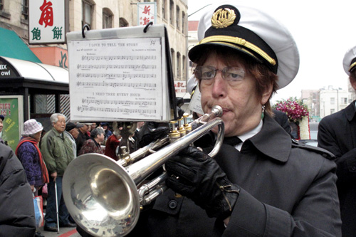 
                    A Green Street Mortuary Band trumpeter. Band members play songs from a set list that includes such standards as Amazing Grace and Onward Christian Soldiers.
                                            (Julie Caine)
                                        